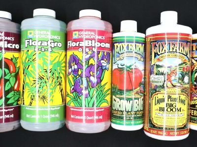 Fox Farm and General Hydroponics liquid nutrient bottles