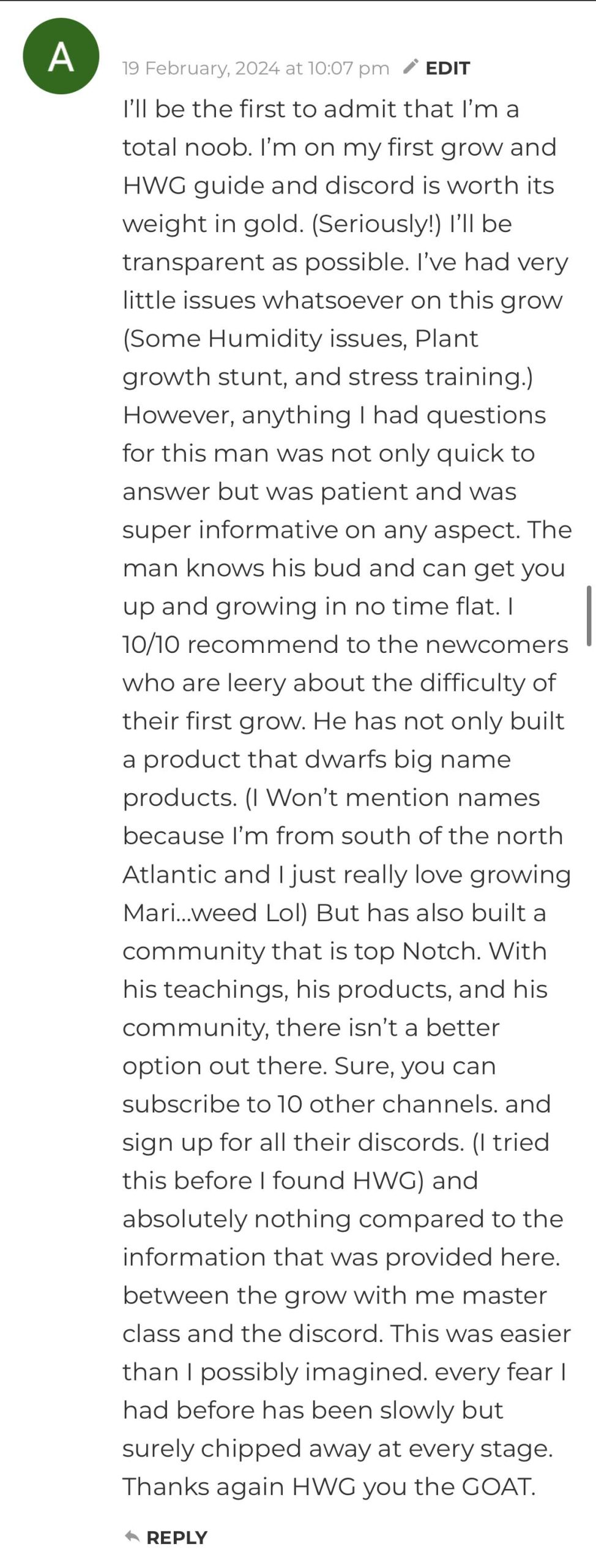 Reader comment describing a first growing experience and helpful HWGrow responses.