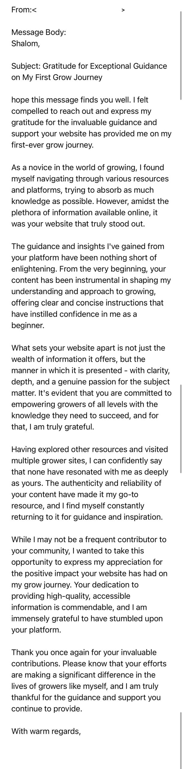 Message expressing appreciation for clear information and guidance during a first grow.