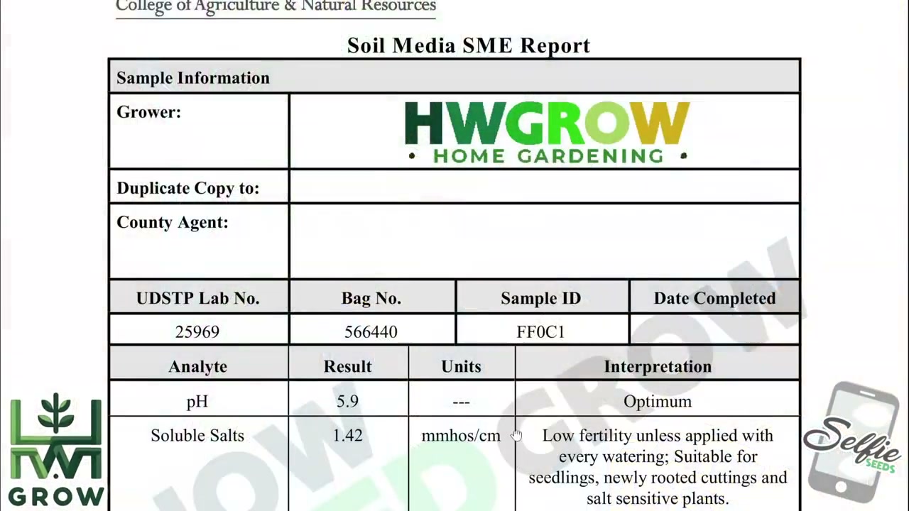 University of Delaware saturated media extract report showing FoxFarm Ocean Forest pH 5.9 and soluble salts 1.42