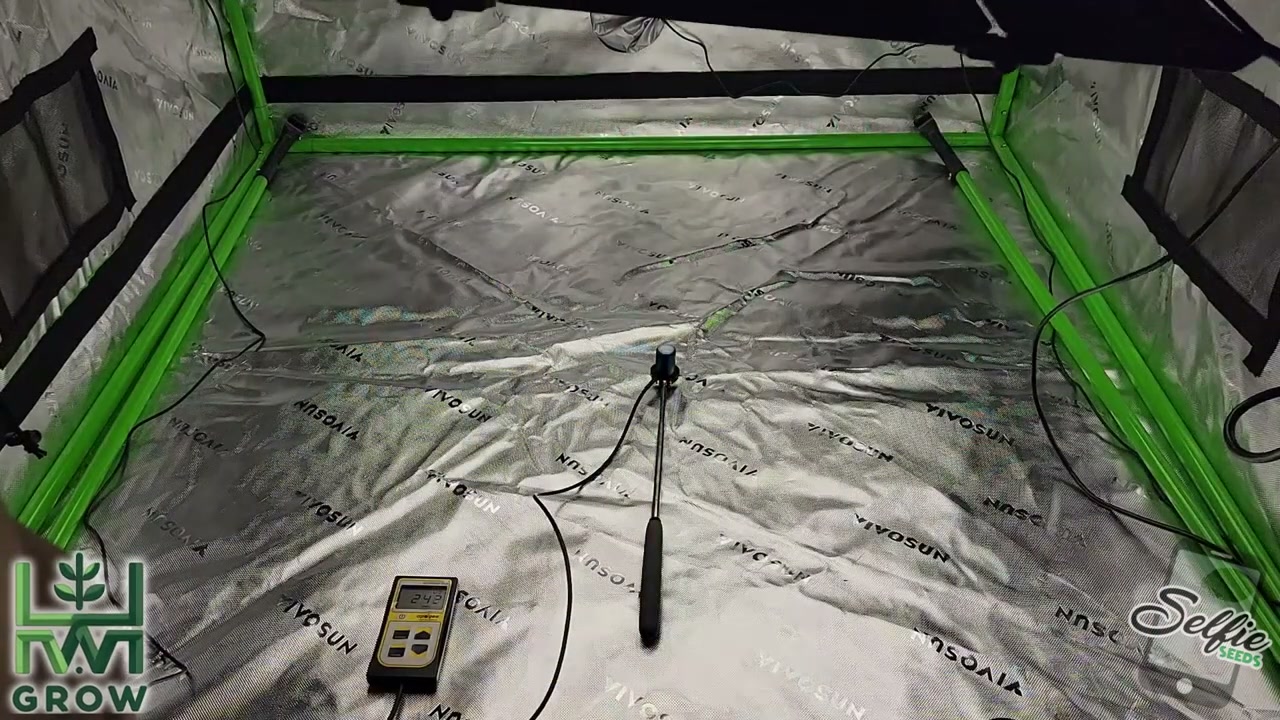 Apogee MQ-500 sensor positioned below a 2024 Vivosun AeroLight Wing AW400 for a grow-tent PPFD and hanging-height test
