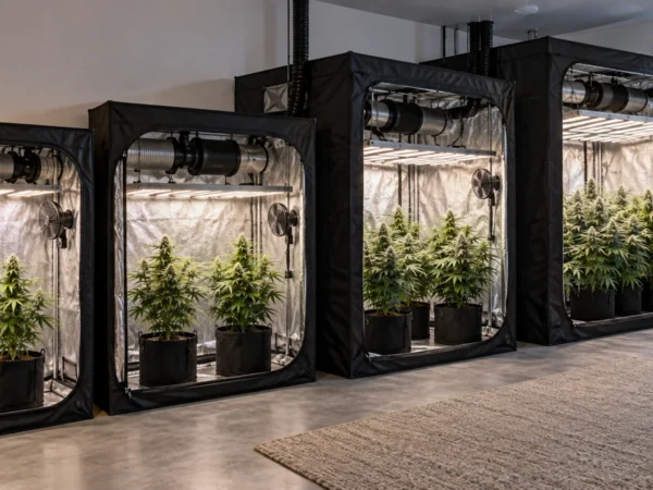 Four indoor grow tent configurations from 2×2 to 5×5 with cannabis plants, bar LED lights and ventilation equipment