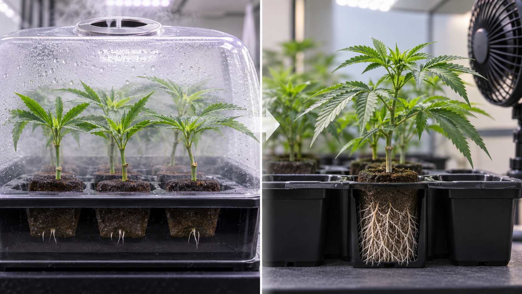 Fresh cannabis cuttings under a humidity dome compared with a rooted clone acclimating to lower humidity