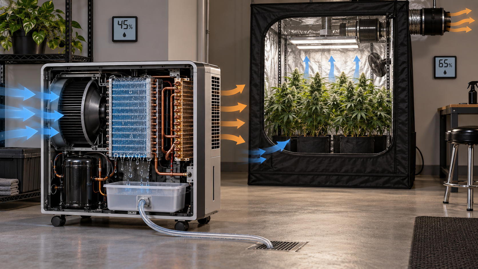 Cutaway compressor dehumidifier drying the lung room while a grow tent pulls in conditioned air