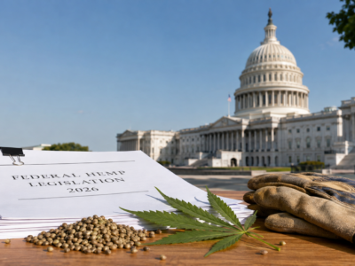 Federal hemp legislation papers, hemp seeds and a cannabis leaf outside the U.S. Capitol