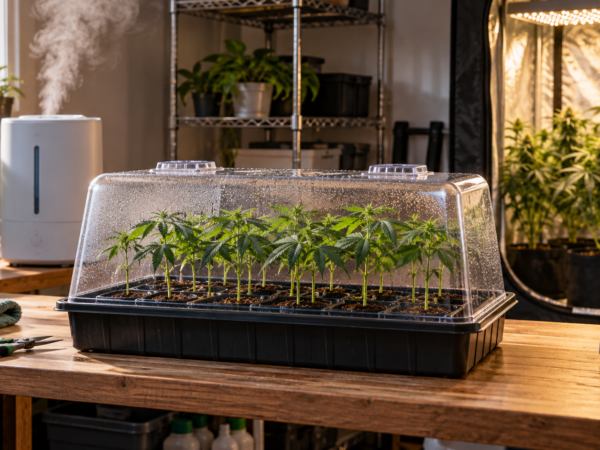 Cannabis clones under a humidity dome beside a cool-mist humidifier and canopy hygrometer