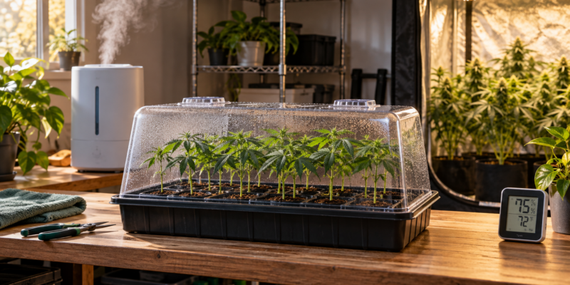 Cannabis clones under a humidity dome beside a cool-mist humidifier and canopy hygrometer