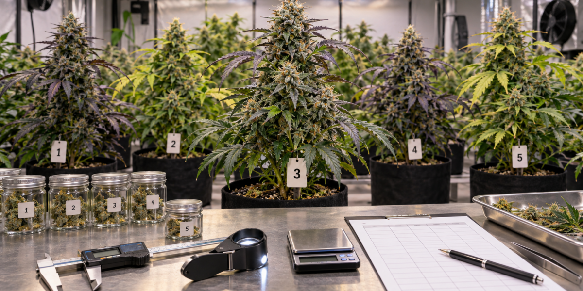 Numbered cannabis phenotype candidates with a pheno scorecard, scale, caliper and jeweler loupe