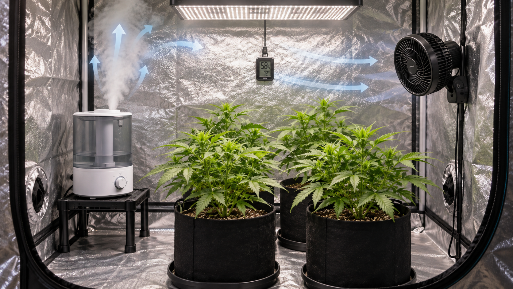 Cool-mist humidifier safely positioned inside a grow tent away from plants and electrical connections