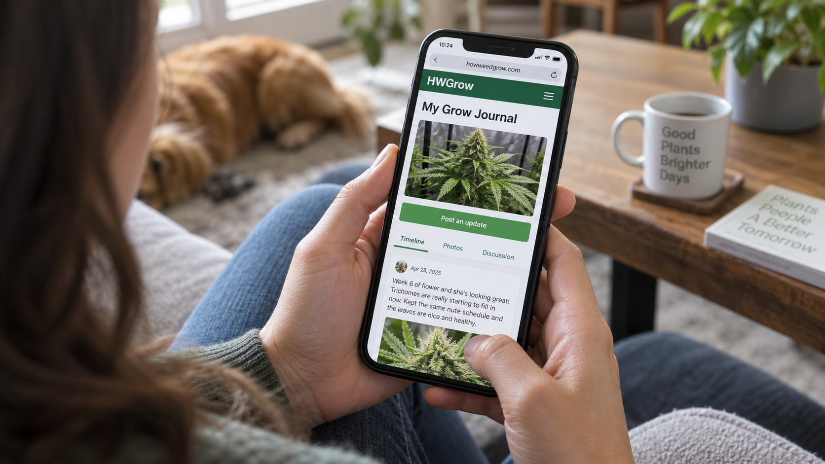 A person checking an HWGrow grow journal on their phone at home.