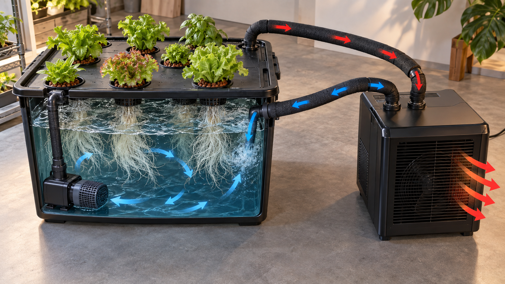 Hydroponic reservoir circulation loop through a pump and aquarium-style water chiller