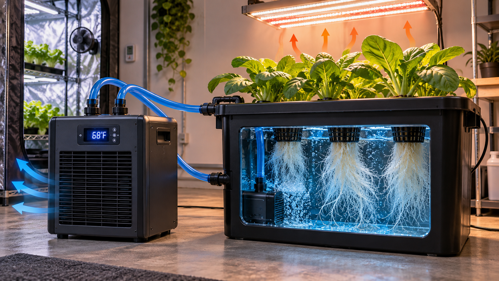 Hydroponic grow tent with an aquarium-style water chiller, insulated tubing and a 68 degree reservoir