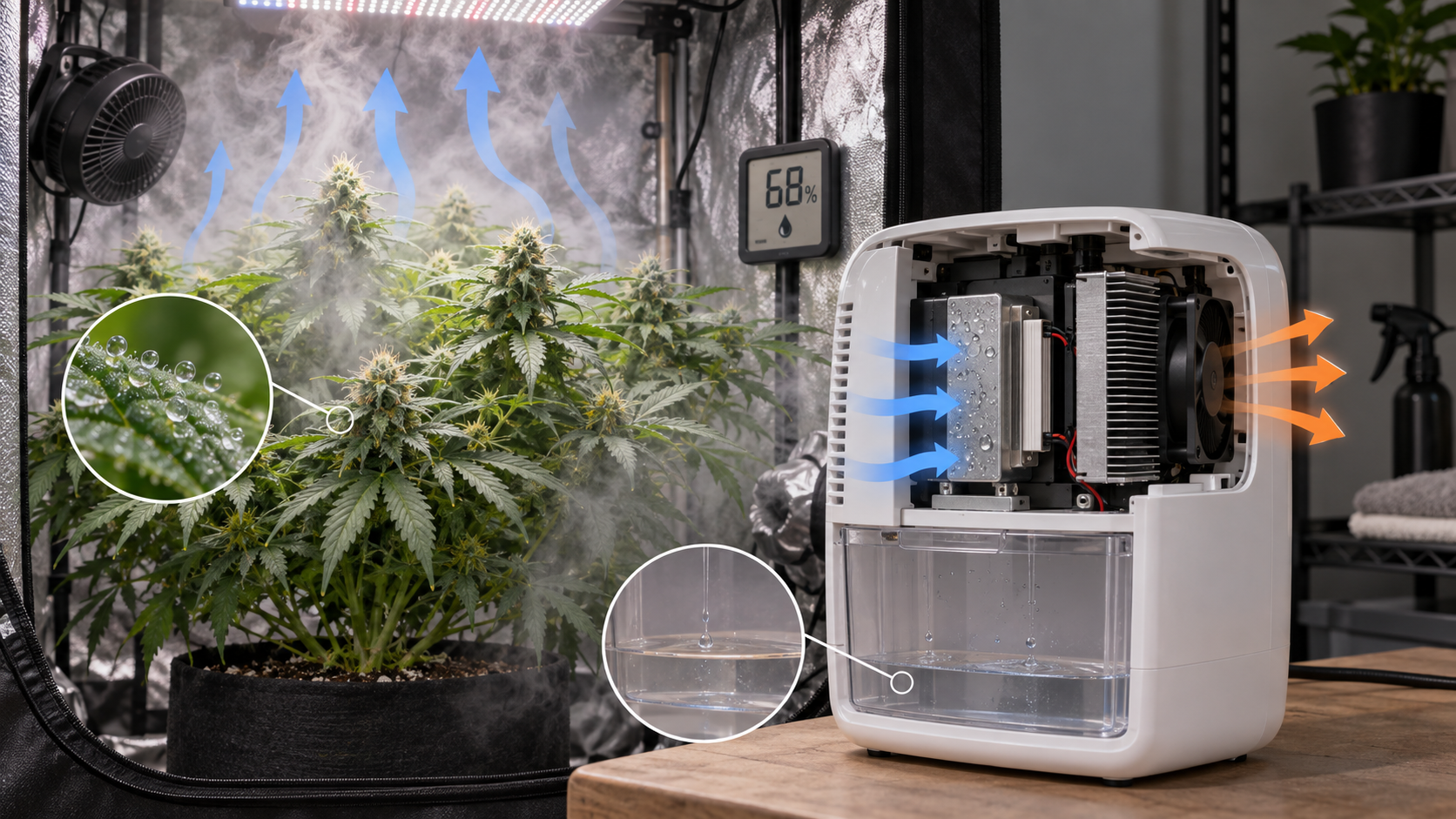 Cutaway of a small Peltier dehumidifier collecting little water beside a humid active grow tent