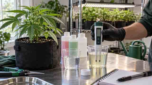 Grower measuring pH and EC in nutrient solution beside a healthy cannabis plant
