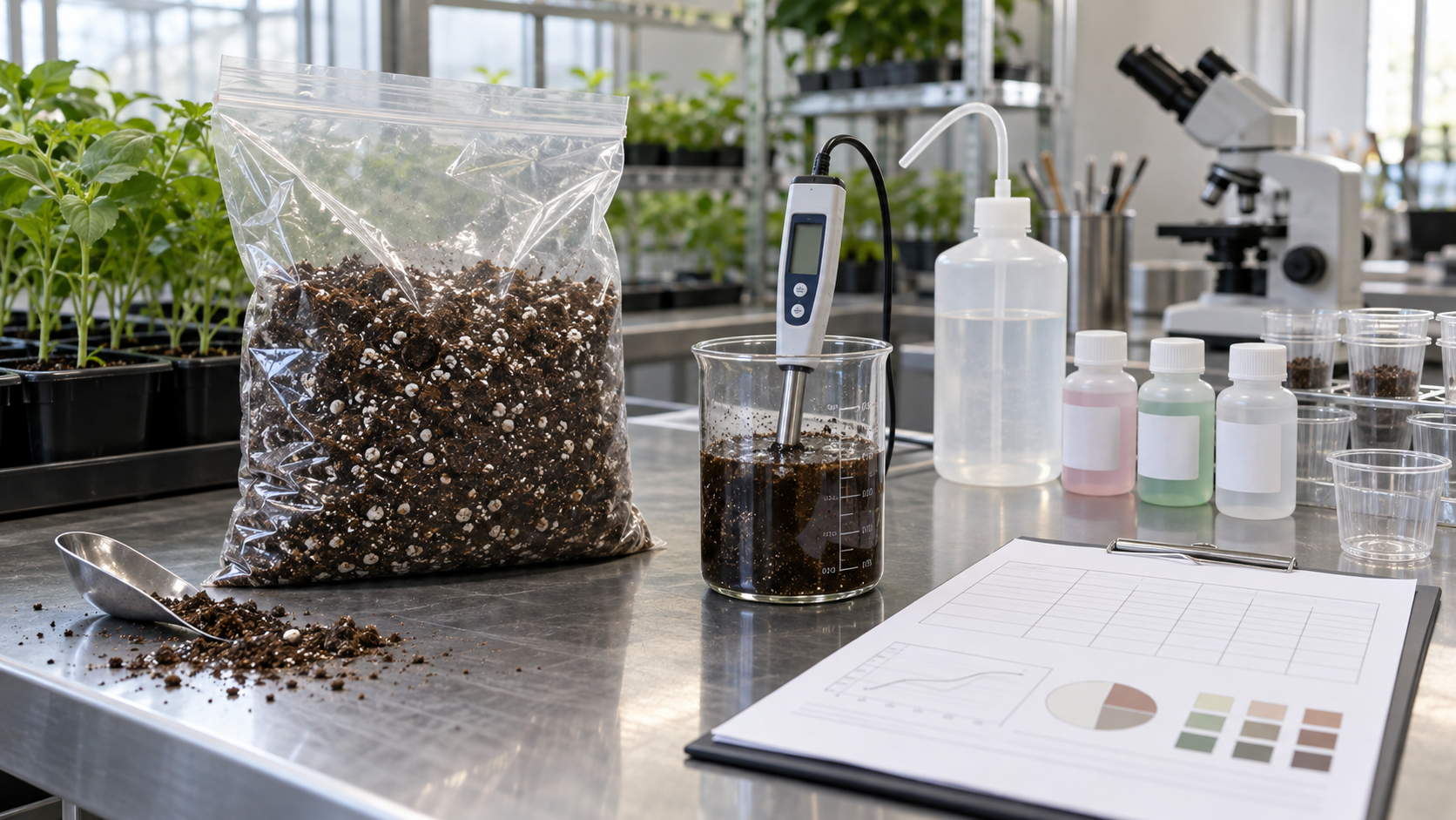Peat-and-perlite sample, pH probe in a media slurry and laboratory worksheet on a horticulture workbench