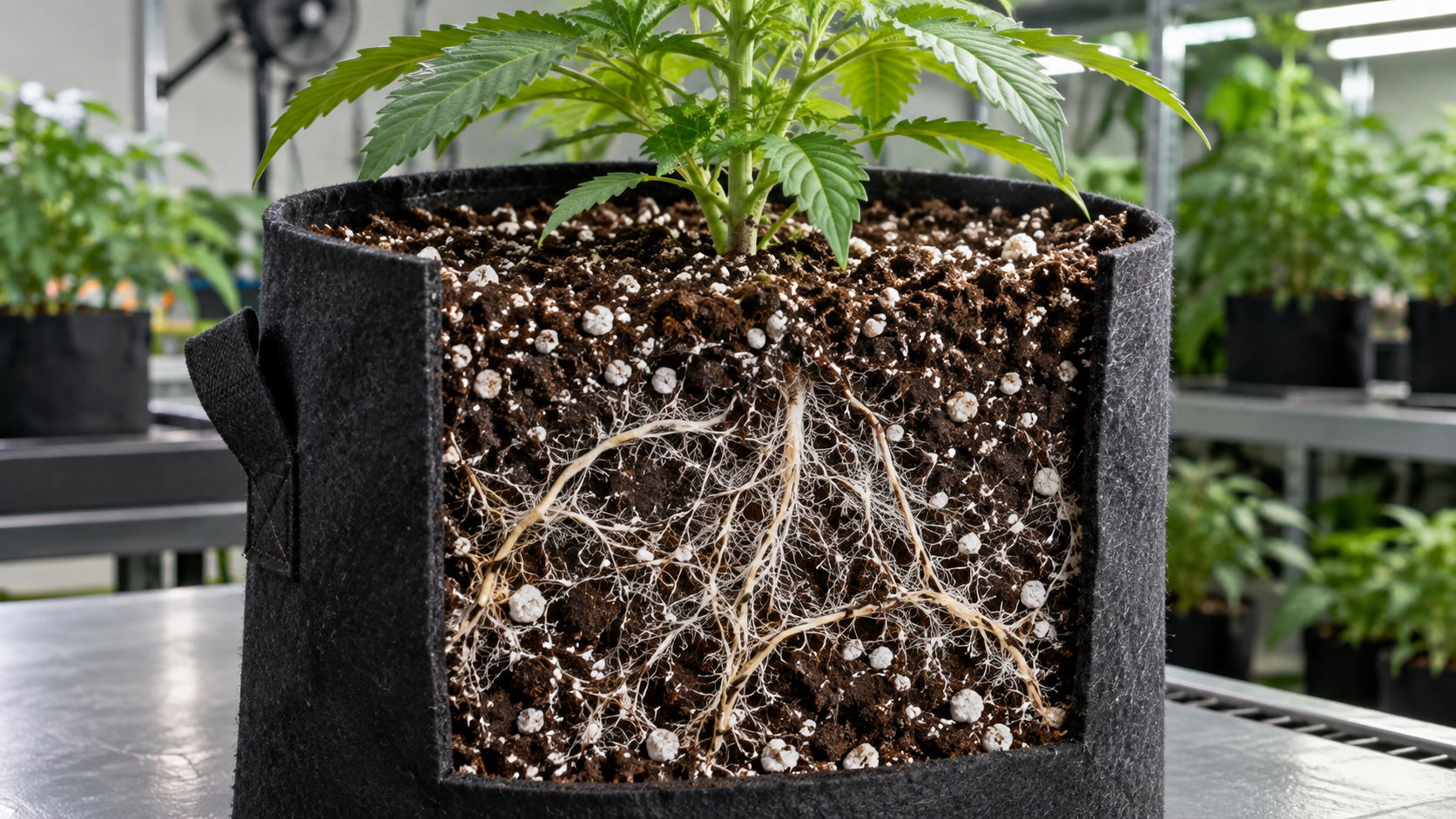 Cutaway of a healthy root system growing through an airy peat and coarse-perlite medium