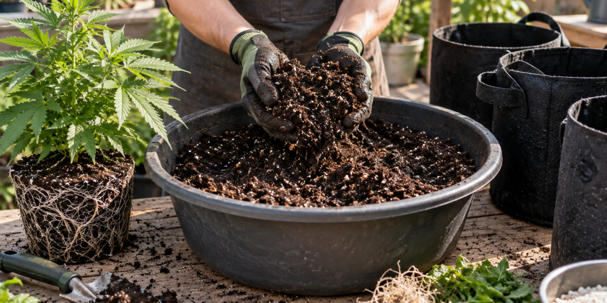 Grower recycling used potting soil with a healthy root ball, mixing tub and fabric pots on a bright workbench