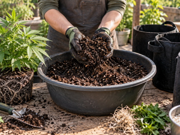 Grower recycling used potting soil with a healthy root ball, mixing tub and fabric pots on a bright workbench