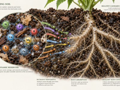Scientific living-soil root-zone model showing nitrogen phosphorus potassium calcium magnesium sulfur iron and copper pathways