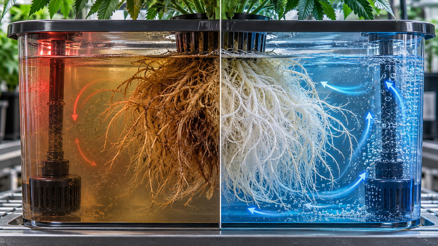 Warm stagnant hydroponic roots compared with cool oxygenated circulating nutrient water