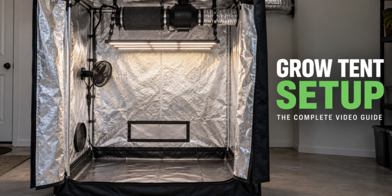 Illustration of an assembled grow tent with an LED light, ventilation system and circulation fan.
