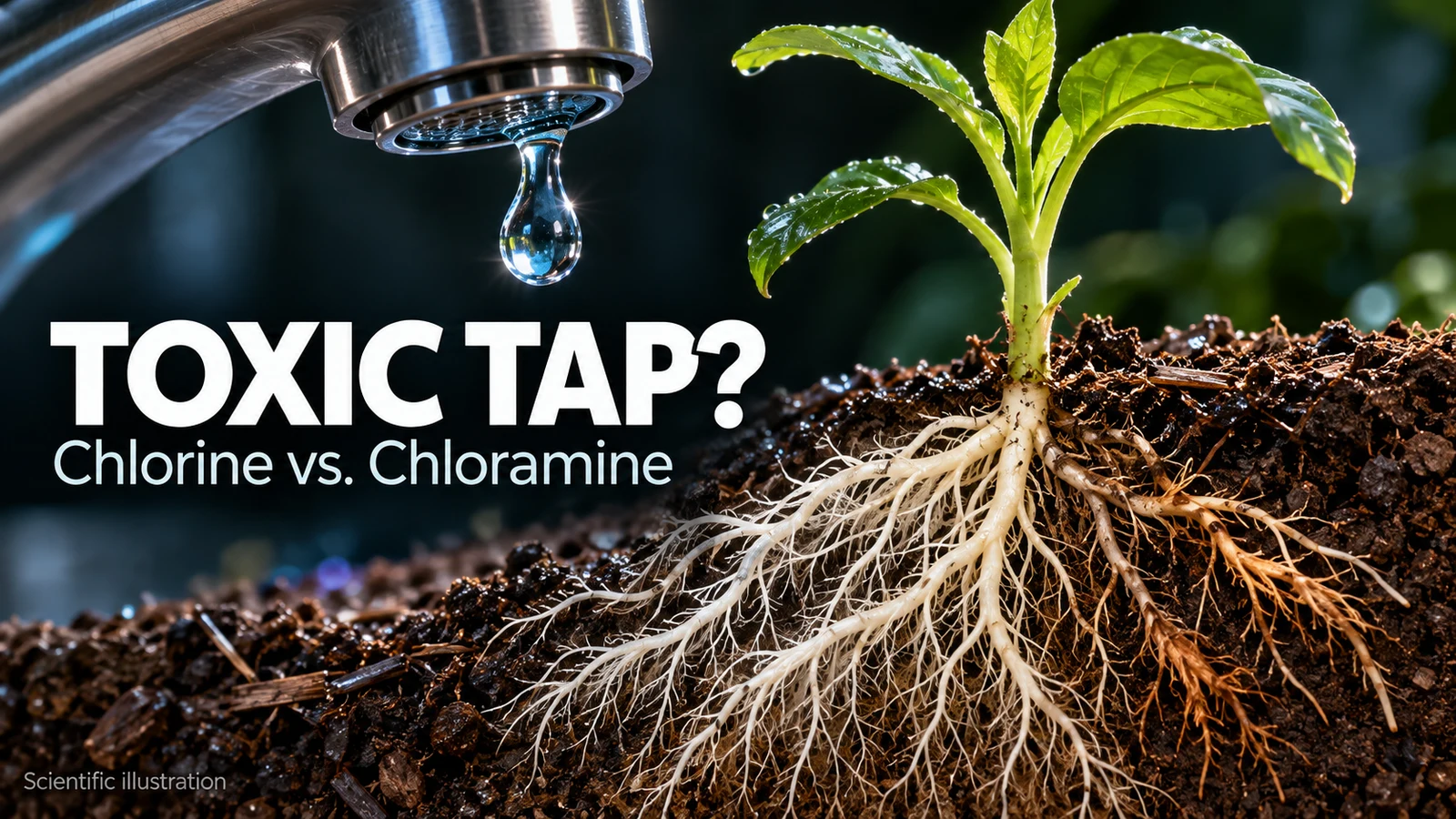 Conceptual illustration of tap water above plant roots, titled Toxic Tap? Chlorine vs. Chloramine