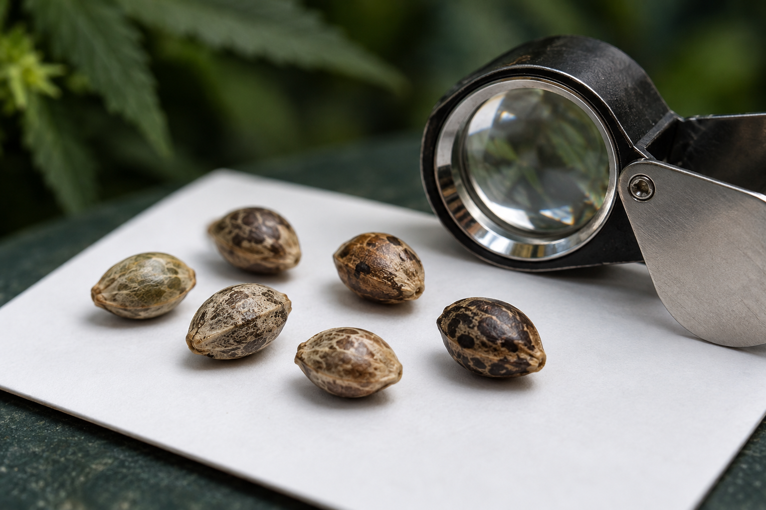 AI-generated editorial illustration of seed specimens beside a jeweler's loupe