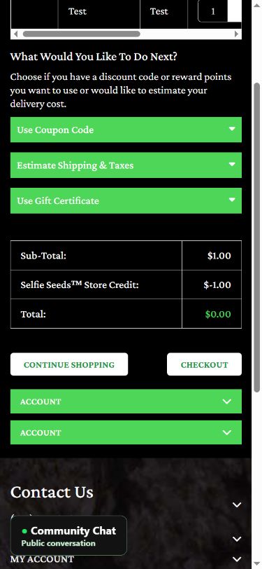 Actual existing test cart: $1.00 subtotal, minus $1.00 SelfieSeeds store credit, $0.00 total, and the Checkout button. No order placed.